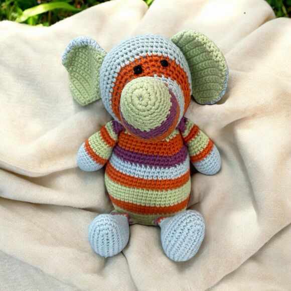 Animal Adventure Striped Crocheted Elephant Plush Stuffed Animal Knit Lovey 2006 - Picture 1 of 8